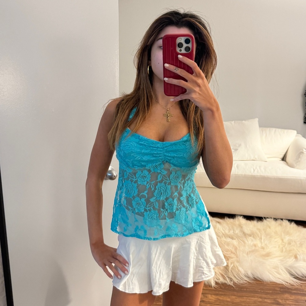 y2k aqua lace floral mesh halter plunge tank top backless - Picture 6 of 9